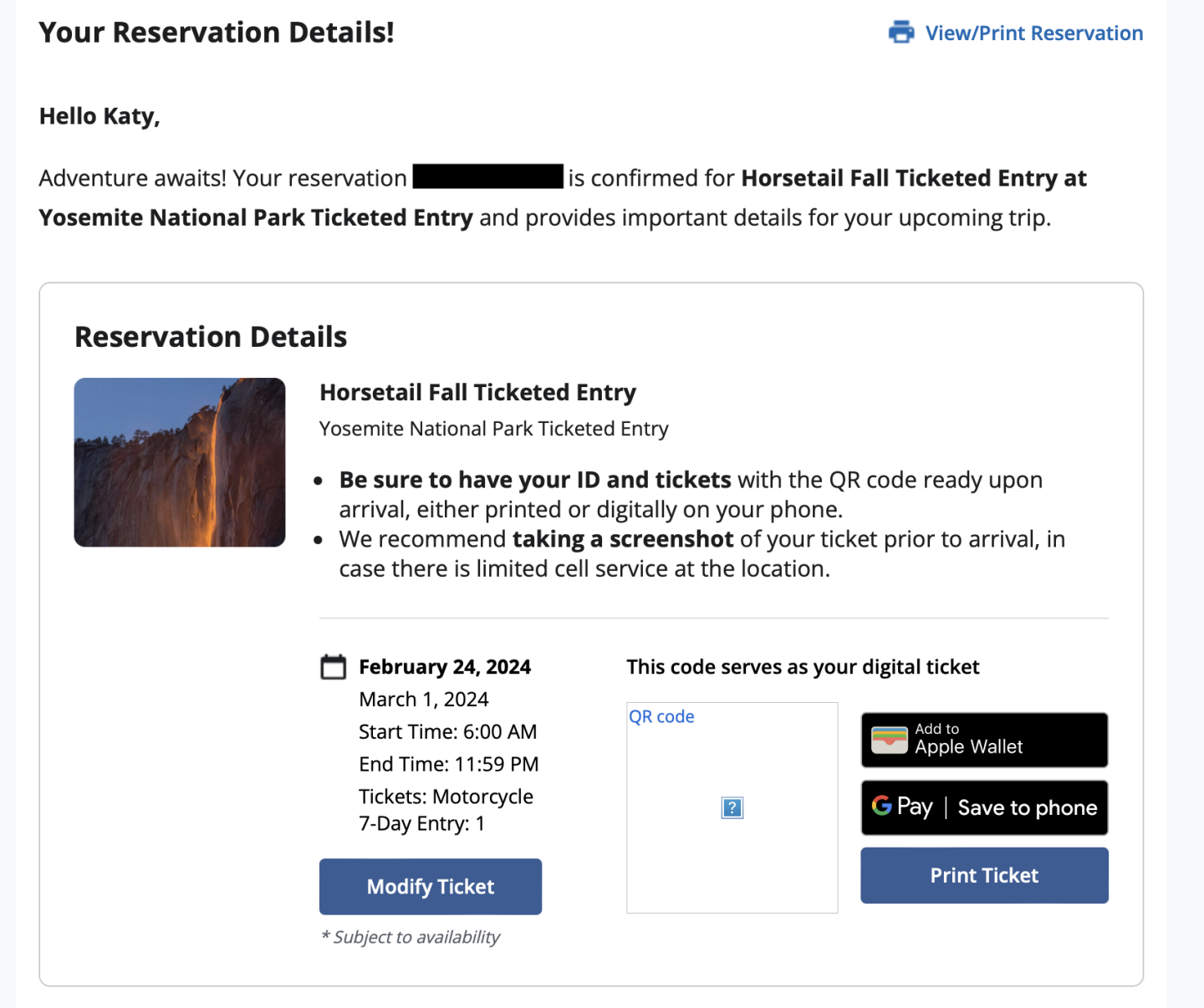 Yosemite Firefall Reservation Confirmation